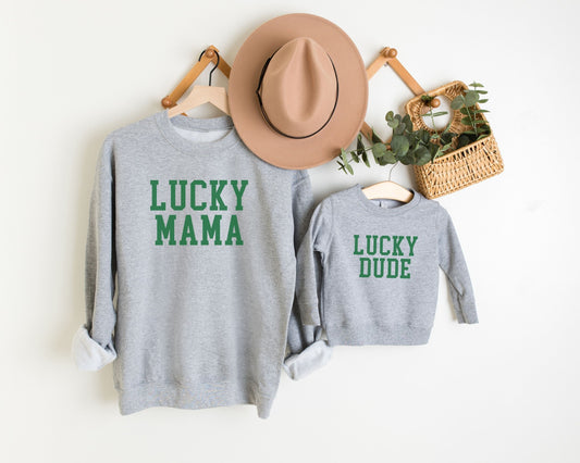 Lucky Mama Lucky Dude matching crewneck sweaters
