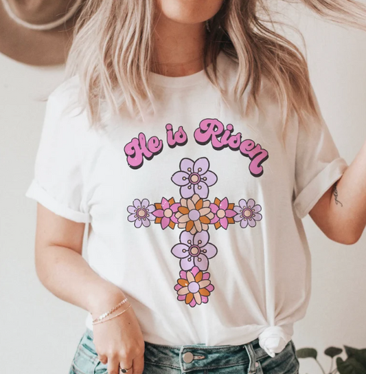 He is risen floral cross T shirt - Kids & Adult sizing