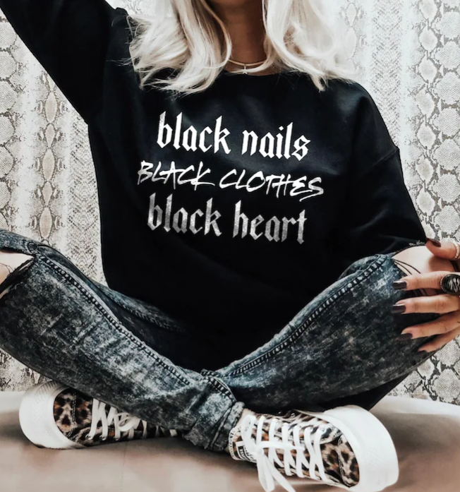 black nails black clothes black heart crewneck sweater