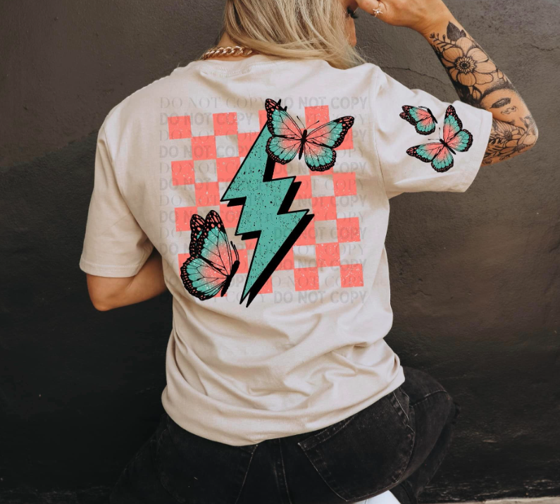 Turqouise/Pink checked butterfly t shirt