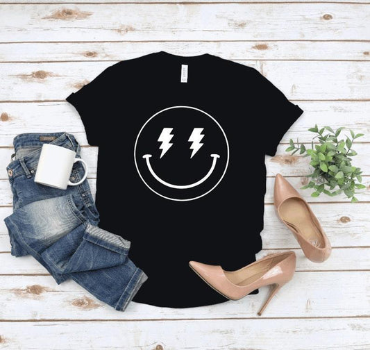 Lightening Bolt Smiley Face Black T - RAR.